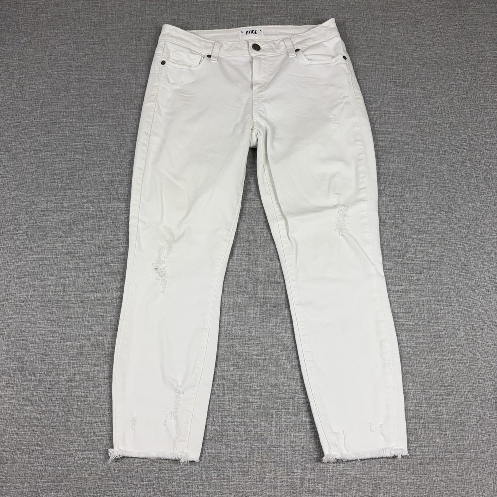 Paige Verdugo Crop Jeans Womens 29 White Mid Rise Slim Distressed Stretch Denim